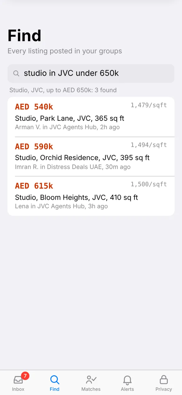 Find on a phone: three studios in JVC under 650k.