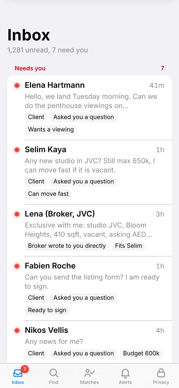 Lampline inbox on a phone: seven chats in Needs you.