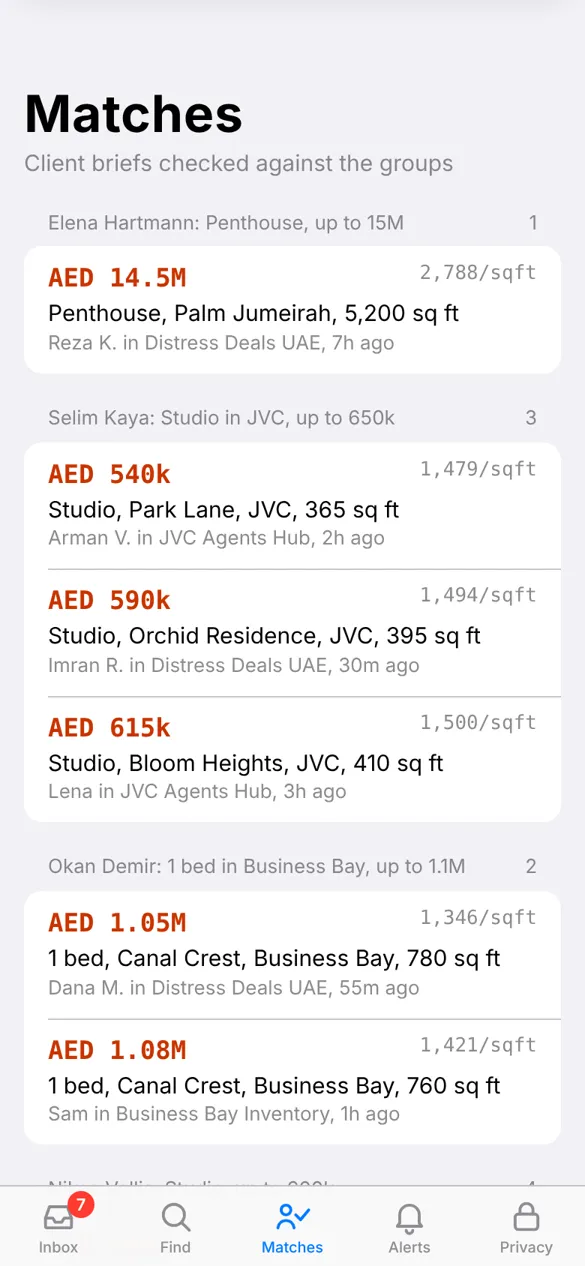 Matches on a phone: listings that fit each client brief.