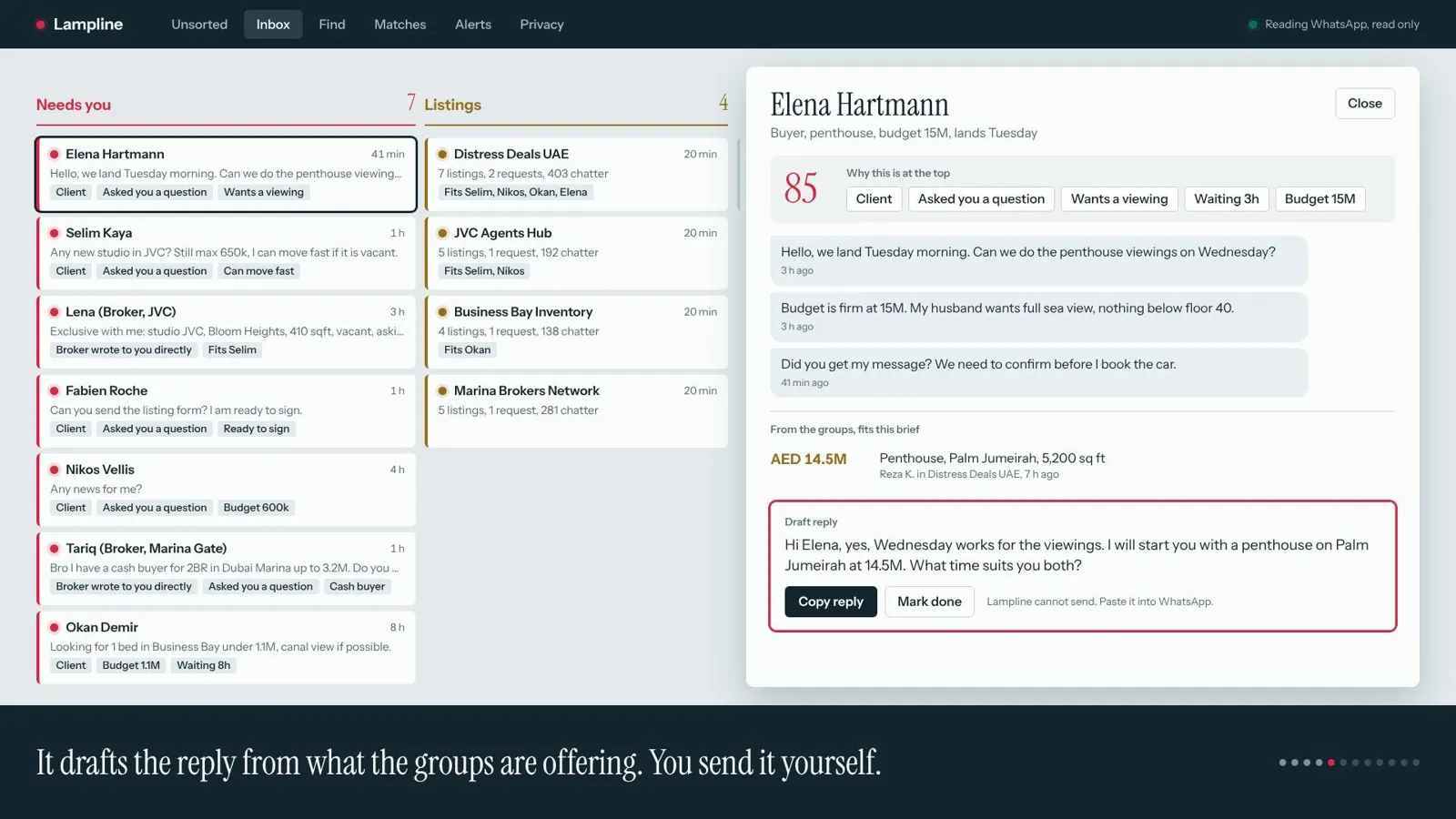 A client chat with priority 85, its reasons, matching listing and a draft reply.